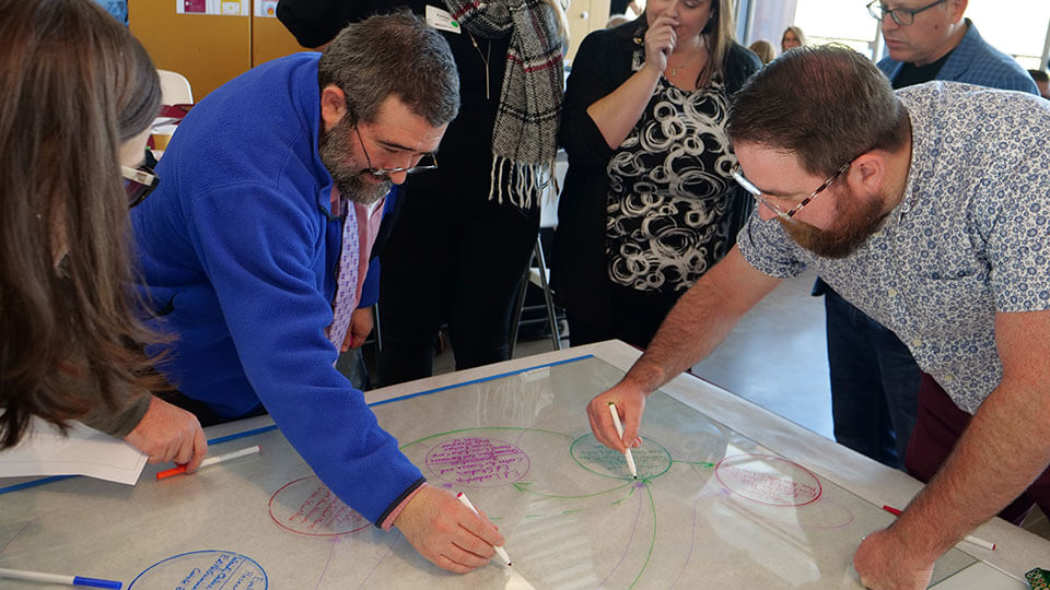 Staff members draw diagram in meeting activity.